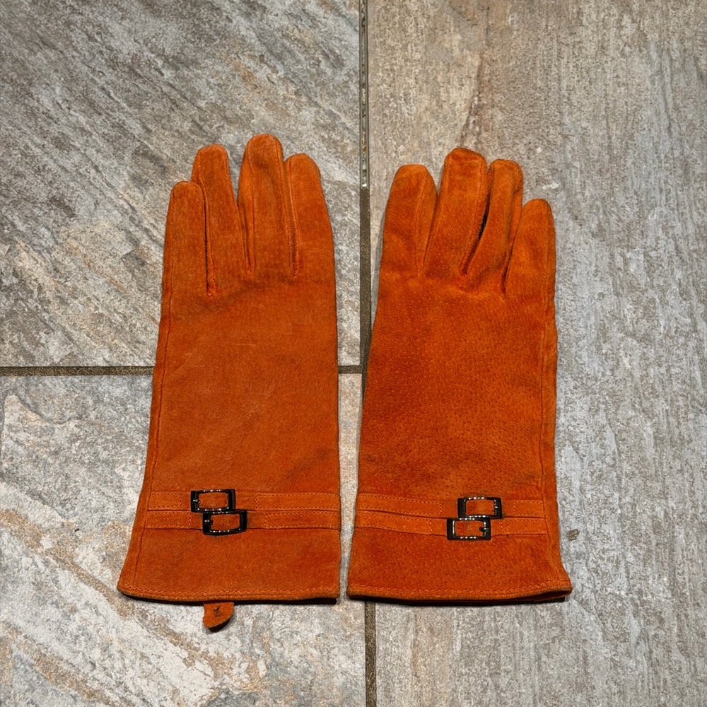 Orange Suede Gloves with Buckle Detail